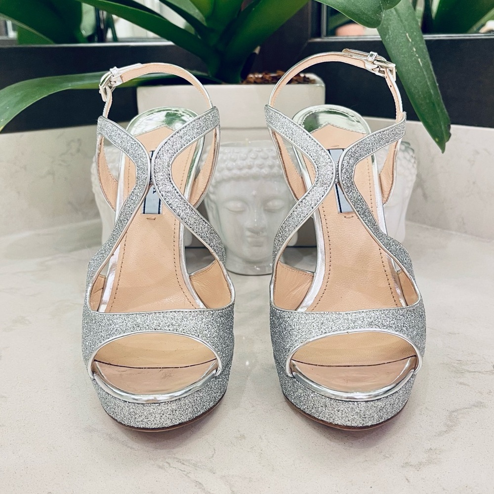 PRADA SILVER GLITTER STRAP PLATFORM SHOES - Picture 2 of 13
